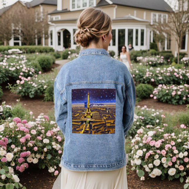 Fantasy Aerial View of Paris Under the Stars Denim Jacket (Wedding Back)