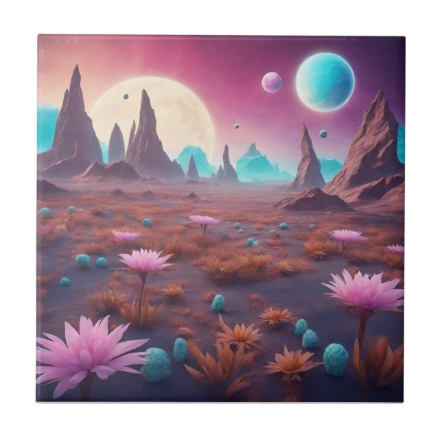 Fantasy Alien Planet Landscape with Flowers  Ceramic Tile (Front)