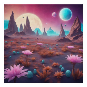 Fantasy Alien Planet Landscape with Flowers  Poster