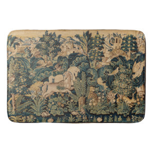FANTASY ANIMALS,HORSES,WOODLAND Blue Green Floral  Bath Mat
