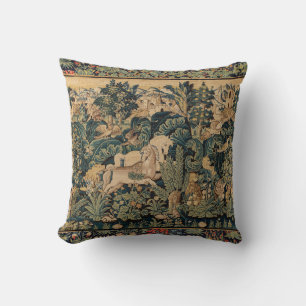 FANTASY ANIMALS,HORSES,WOODLAND Blue Green Floral Cushion