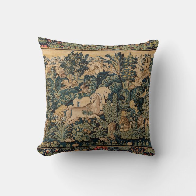 FANTASY ANIMALS,HORSES,WOODLAND Blue Green Floral  Cushion (Front)