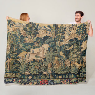 FANTASY ANIMALS,HORSES,WOODLAND Blue Green Floral Fleece Blanket