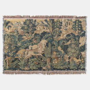 FANTASY ANIMALS,HORSES,WOODLAND Blue Green Floral  Throw Blanket