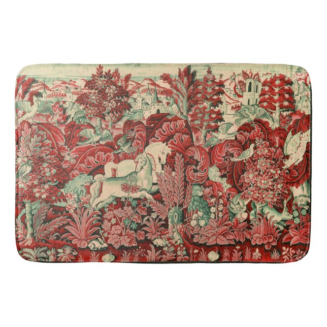 FANTASY ANIMALS,HORSES,WOODLAND Red Green Floral Bath Mat (Front)