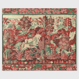 FANTASY ANIMALS,HORSES,WOODLAND Red Green Floral Wrapping Paper