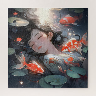Fantasy Anime Girl and Carps Jigsaw Puzzle