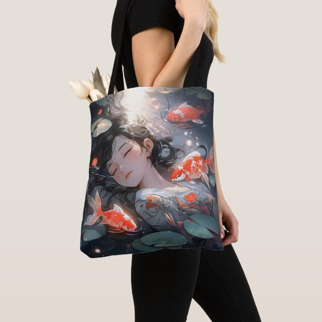 Fantasy Anime Girl and Carps Tote Bag (Close Up)