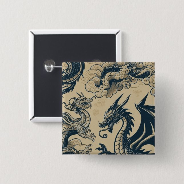 Fantasy Antiqued Dragons  15 Cm Square Badge (Front & Back)