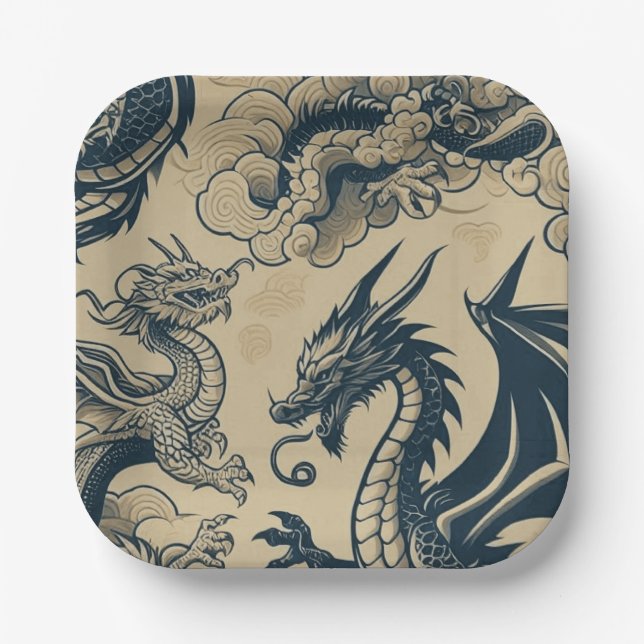 Fantasy Antiqued Dragons  Paper Plate (Front)