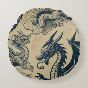 Fantasy Antiqued Dragons Round Cushion