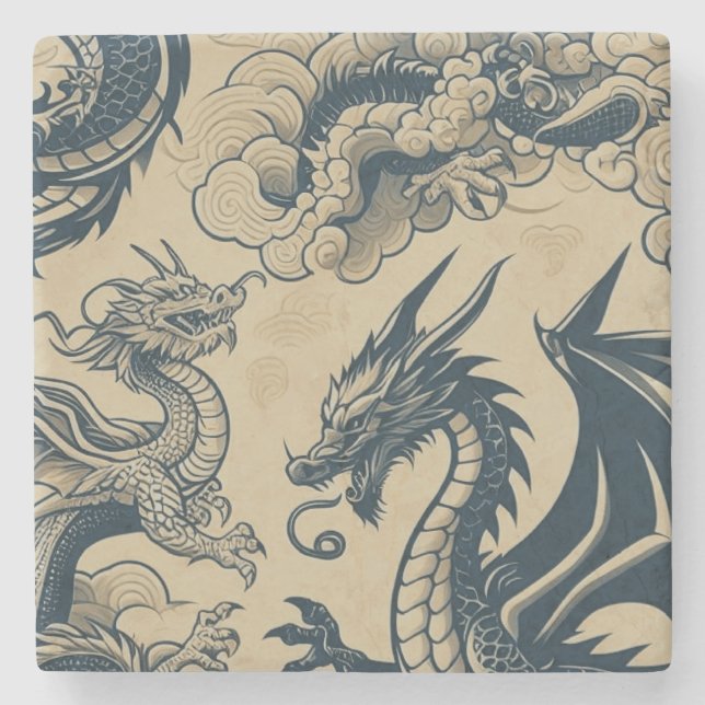 Fantasy Antiqued Dragons  Stone Coaster (Front)