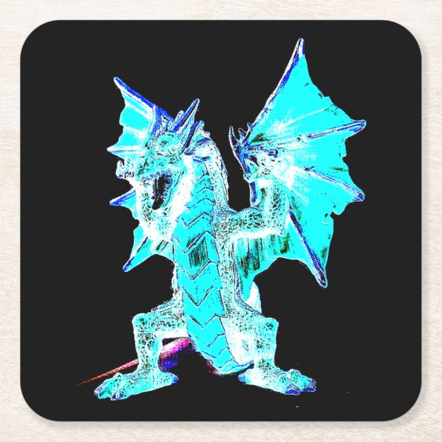 Fantasy Aqua Blue Dragon Square Paper Coaster (Front)
