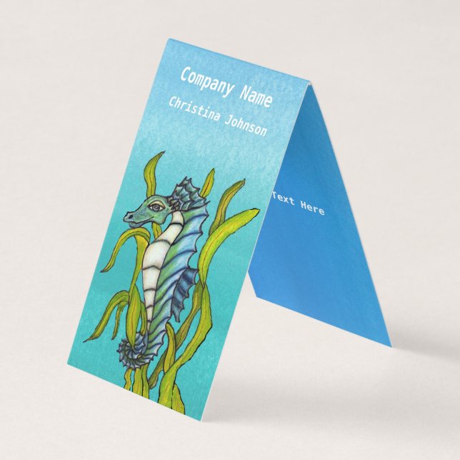 Fantasy Aqua Blue Seahorse in Green Seaweed Business Card (Front)