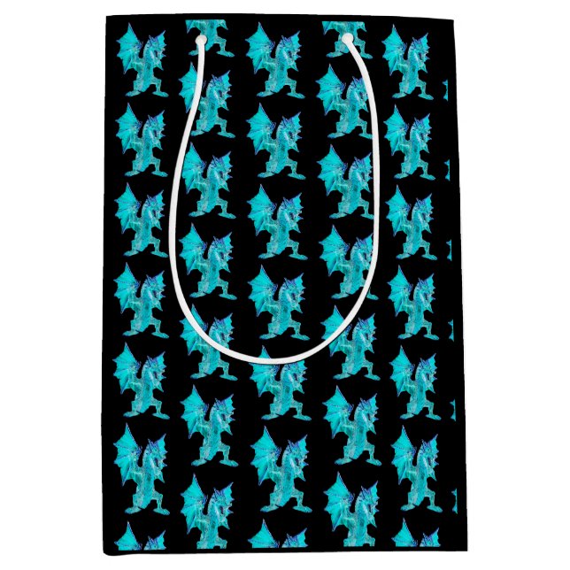 Fantasy Aqua Dragon Black Background Illustration  Medium Gift Bag (Front)