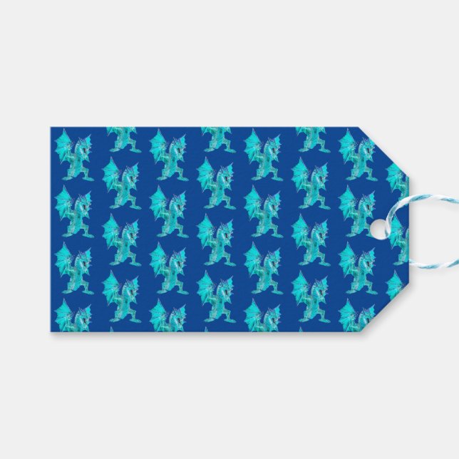 Fantasy Aqua Dragon – Mythical Sky & Water Blue Gift Tags (Front (Horizontal))