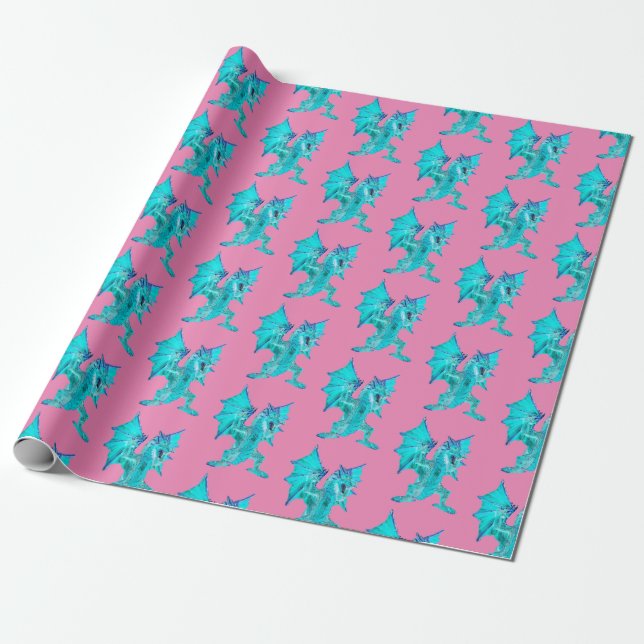 Fantasy Aqua Dragon Pink Wrapping Paper (Unrolled)