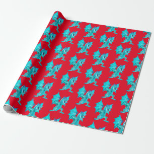 Fantasy Aqua Dragon Wrapping Paper Red
