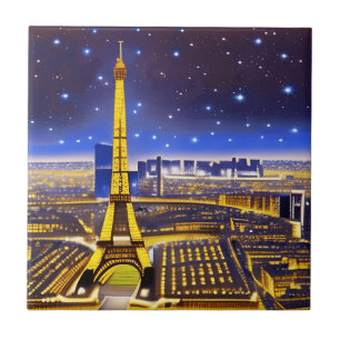 Fantasy Ariel View of Paris Under the Stars Cerami Ceramic Tile
