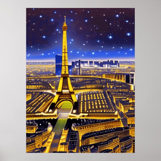 Fantasy Ariel View of Paris Under the Stars Poster (Front)
