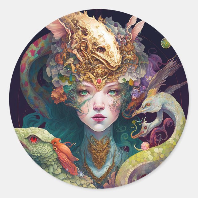 Fantasy Art Dragon Goddess Queen Classic Round Sticker (Front)