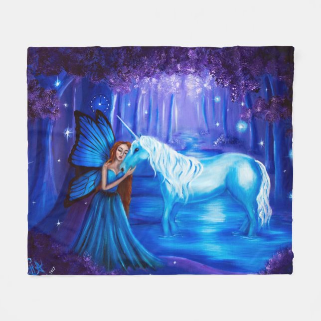 Fantasy Art Fairy and Unicorn Fleece Blanket (Front (Horizontal))