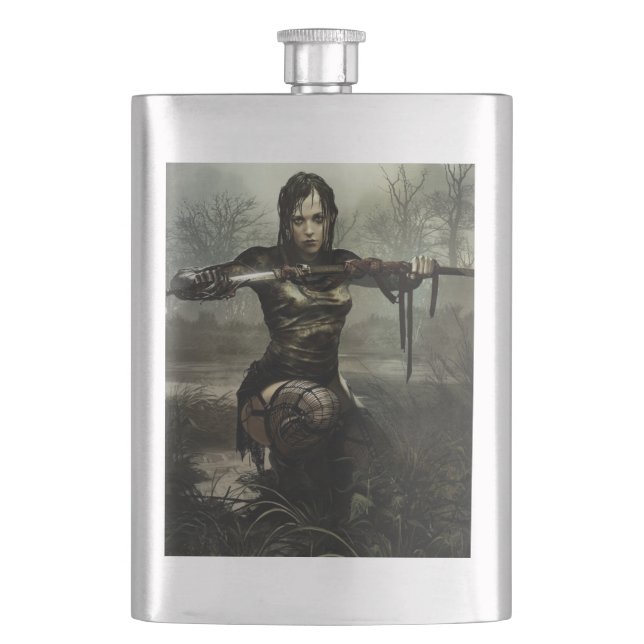 Fantasy Art, Female Warrior with Sword Hip Flask (Front)