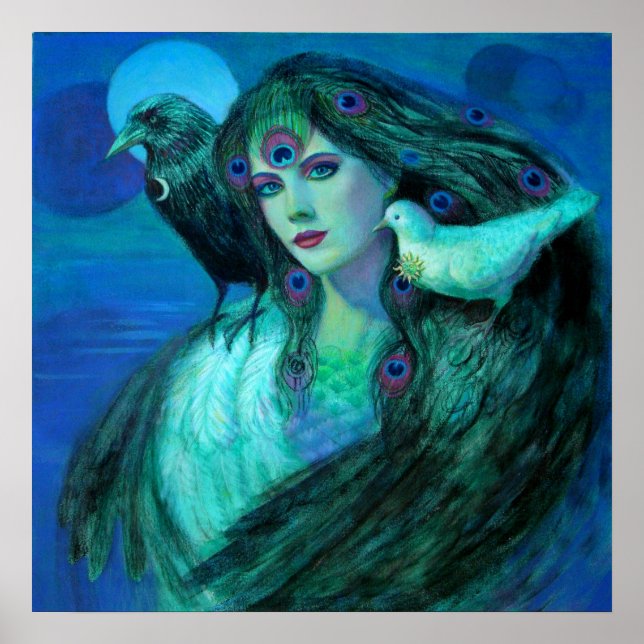 Fantasy Art Poster Peacock Feather Lady birds crow (Front)