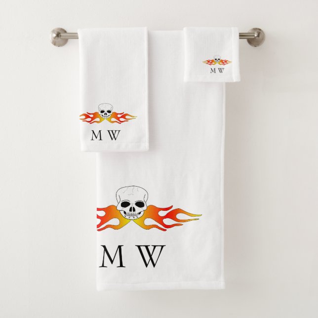 Fantasy Art Skull And Flames Design Monogrammed Bath Towel Set (Insitu)
