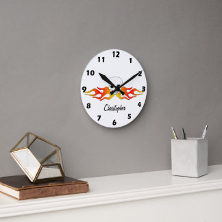 Fantasy Art Skull And Flames Design Personalised Round Clock