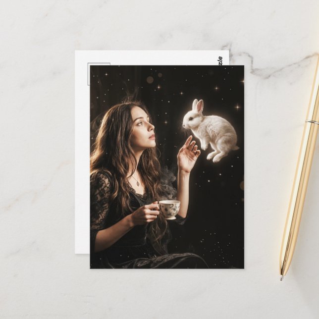 Fantasy Art Surreal Tea Time With White Rabbit  Postcard (Front/Back In Situ)