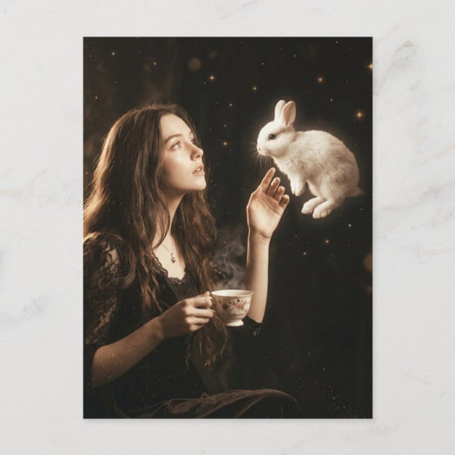 Fantasy Art Surreal Tea With White Rabbit  Postcard (Front)