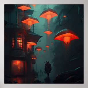 Fantasy Asian night town with red lanterns AI art Poster