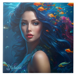Fantasy Beautiful Blue Mermaid Ceramic Tile
