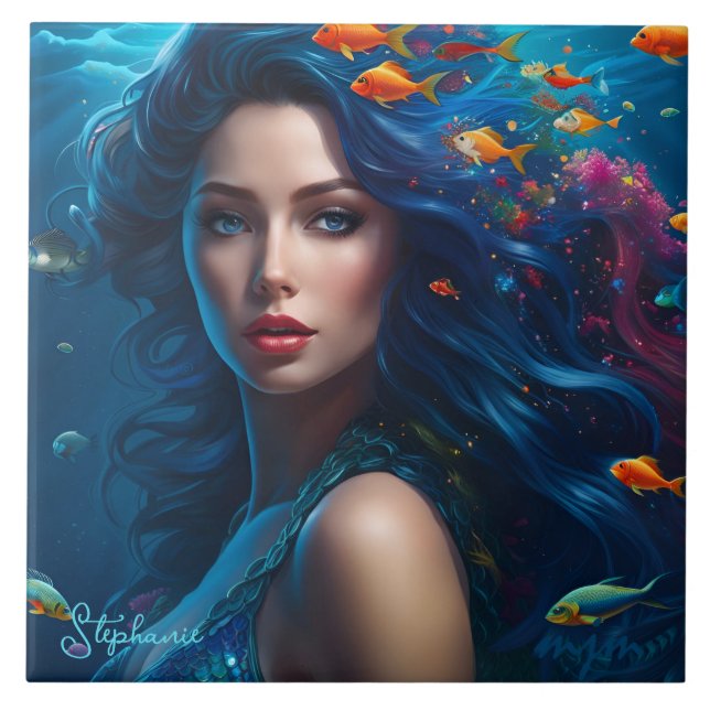 Fantasy Beautiful Blue Mermaid  Ceramic Tile (Front)