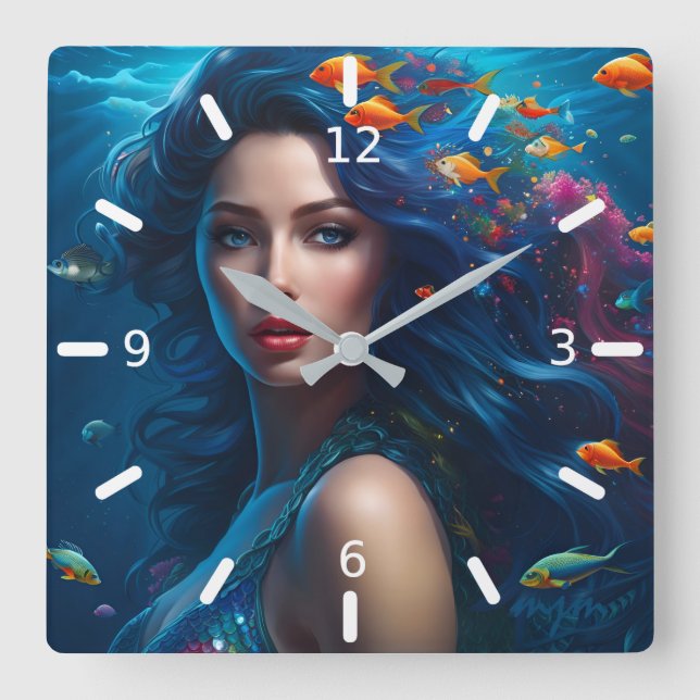 Fantasy Beautiful Blue Mermaid Square Wall Clock (Front)