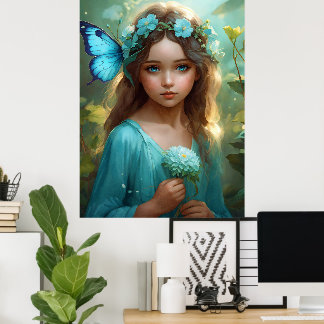 Fantasy Beautiful Cyan Green Fairy Girl Poster
