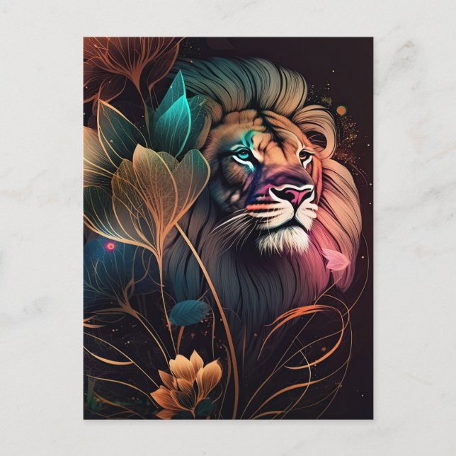 Fantasy, beautiful  lion with flowers   AI art Postcard (Front)