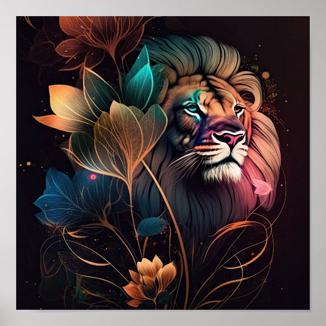 Fantasy, beautiful  lion with flowers AI art Poster (Front)