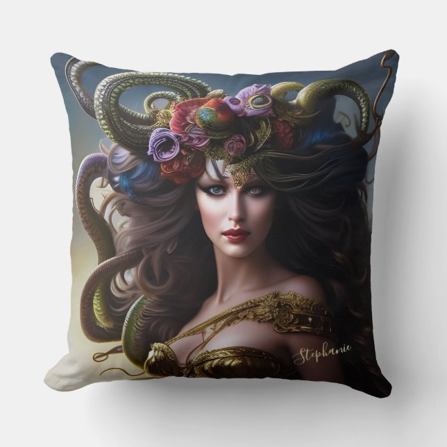 Fantasy Beautiful Medusa Flowers & Snakes Cushion (Front)