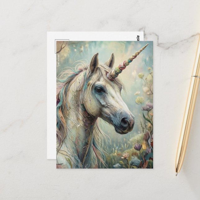 Fantasy Beautiful Unicorn in the Forest Postcard (Front/Back In Situ)