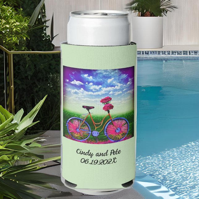 Fantasy Bicycle with Pink Flowers on Mint Green Seltzer Can Cooler (Creator Uploaded)