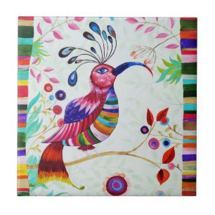 fantasy bird rainbow floral painting folk art ceramic tile