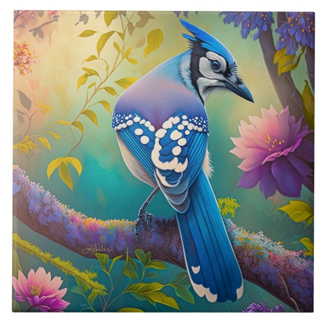 Fantasy Birds Blue Jay Ceramic Tile (Front)