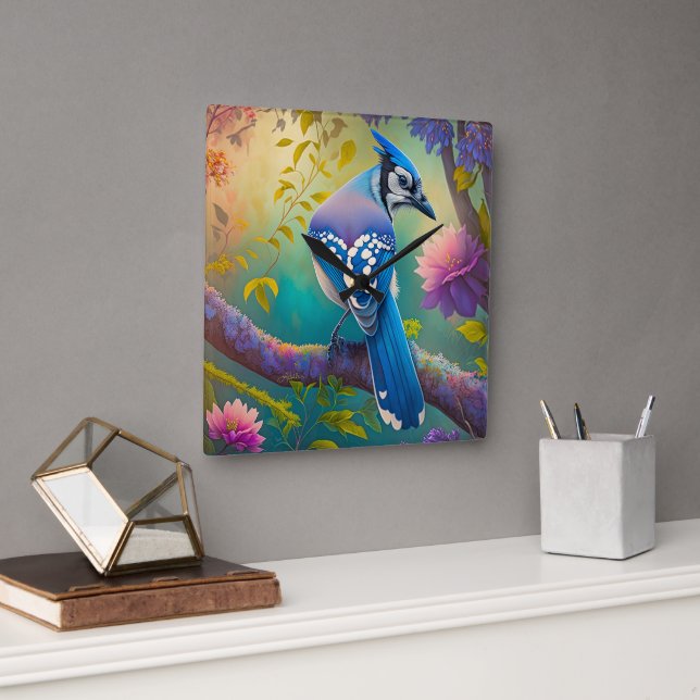 Fantasy Birds Blue Jay Square Wall Clock (Office)