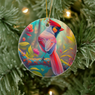 Fantasy Birds Male Cardinal Ceramic Ornament