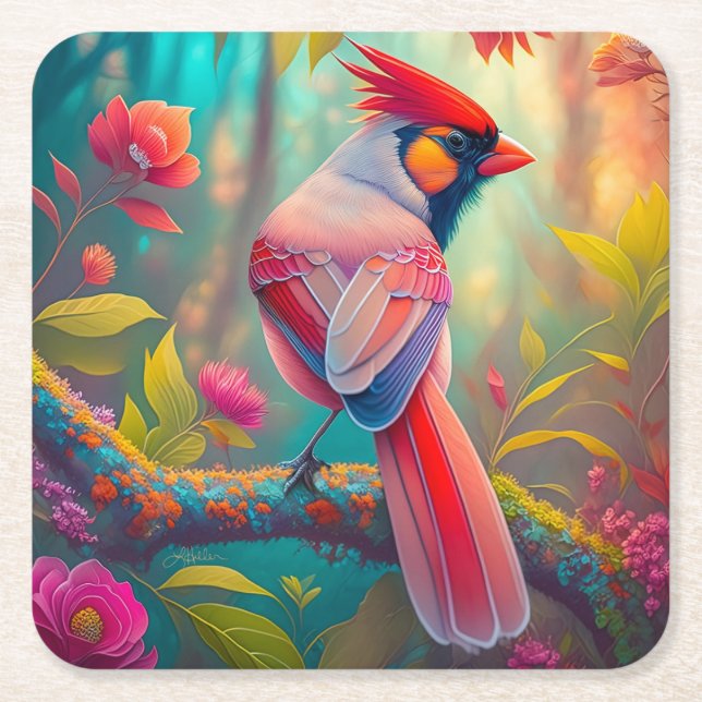 Fantasy Birds Male Cardinal Square Paper Coaster (Front)