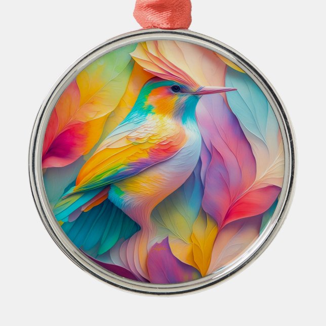 Fantasy Birds Silk Bird Metal Ornament (Front)