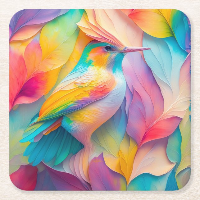 Fantasy Birds Silk Bird Square Paper Coaster (Front)