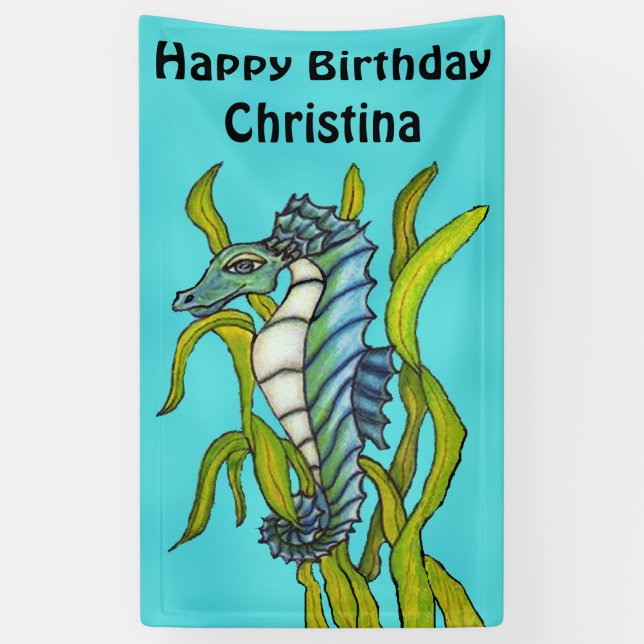 Fantasy Birthday Aqua Blue Seahorse Seaweed Banner (Vertical)